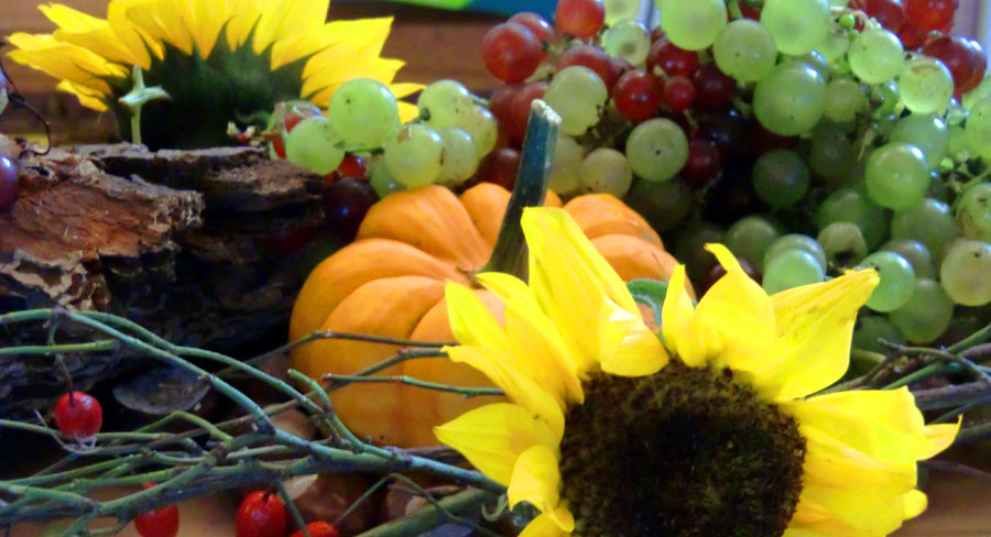 Sonnenblumen, Trauben, Hargebutten und Kürbis